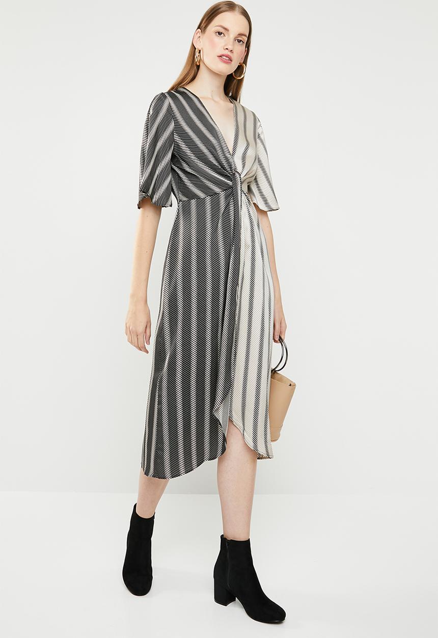 MANGO - Knot front crossover dress - black & cream
