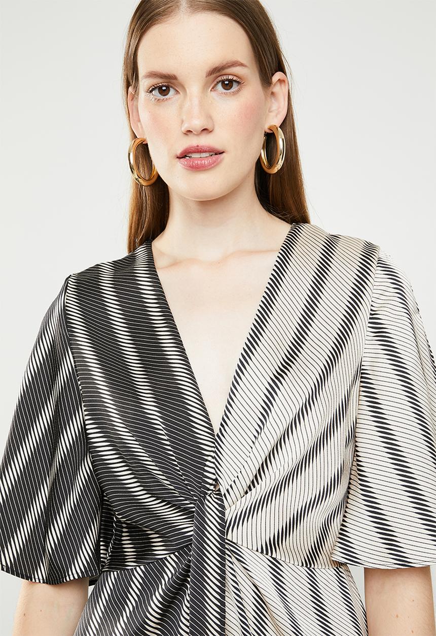 MANGO - Knot front crossover dress - black & cream