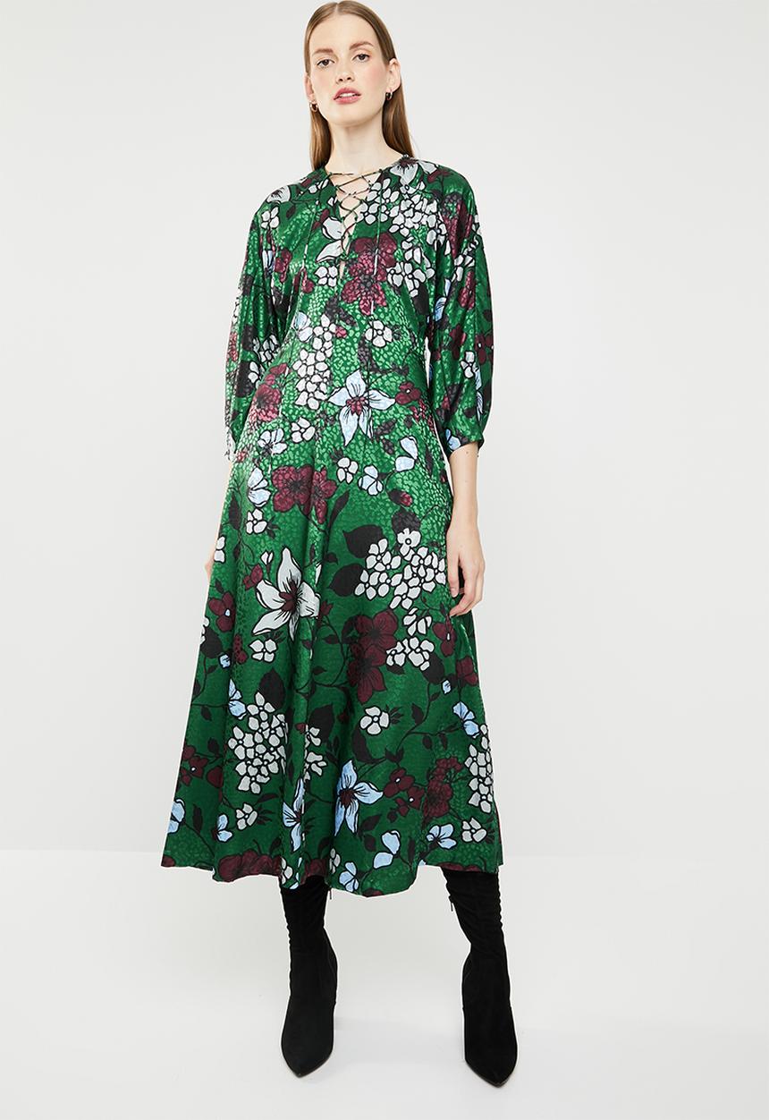 MANGO - Floral puff sleeve midi dress - green