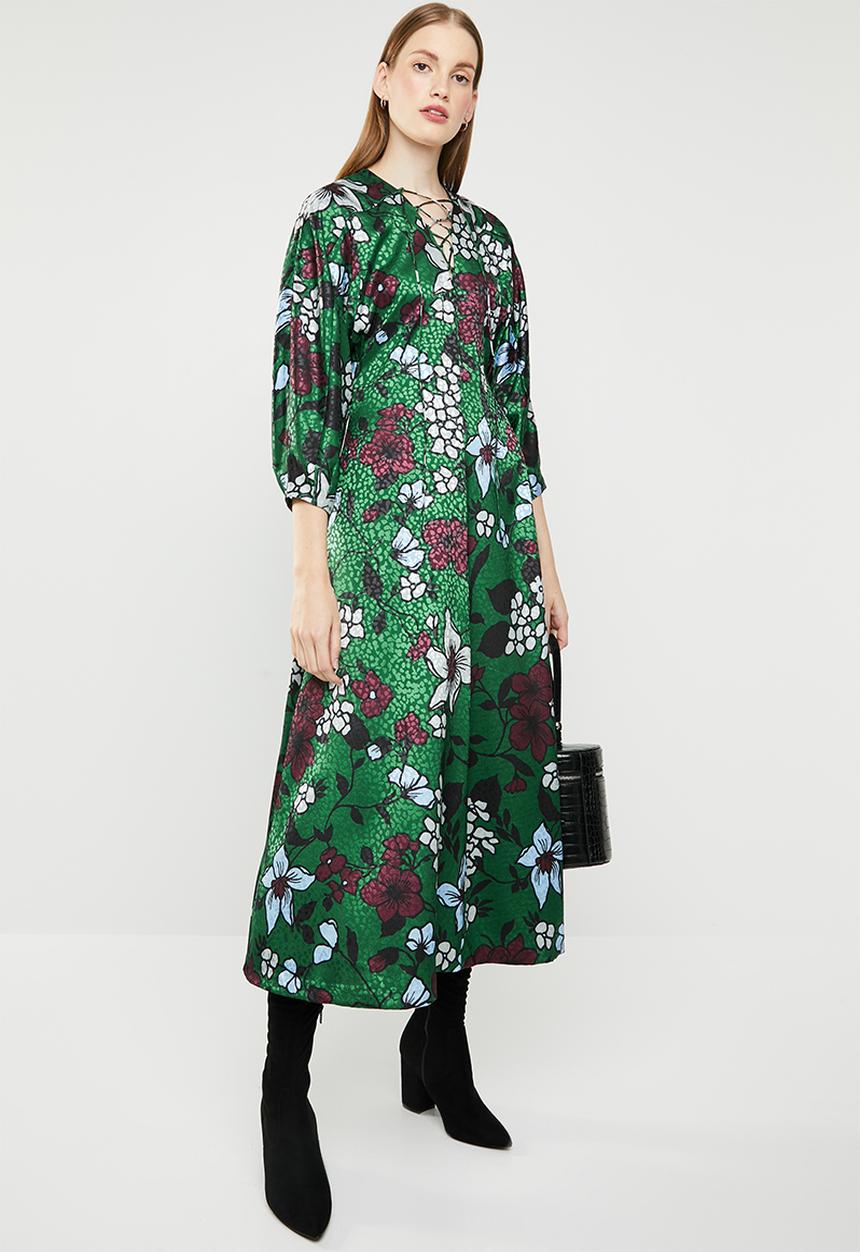 MANGO - Floral puff sleeve midi dress - green