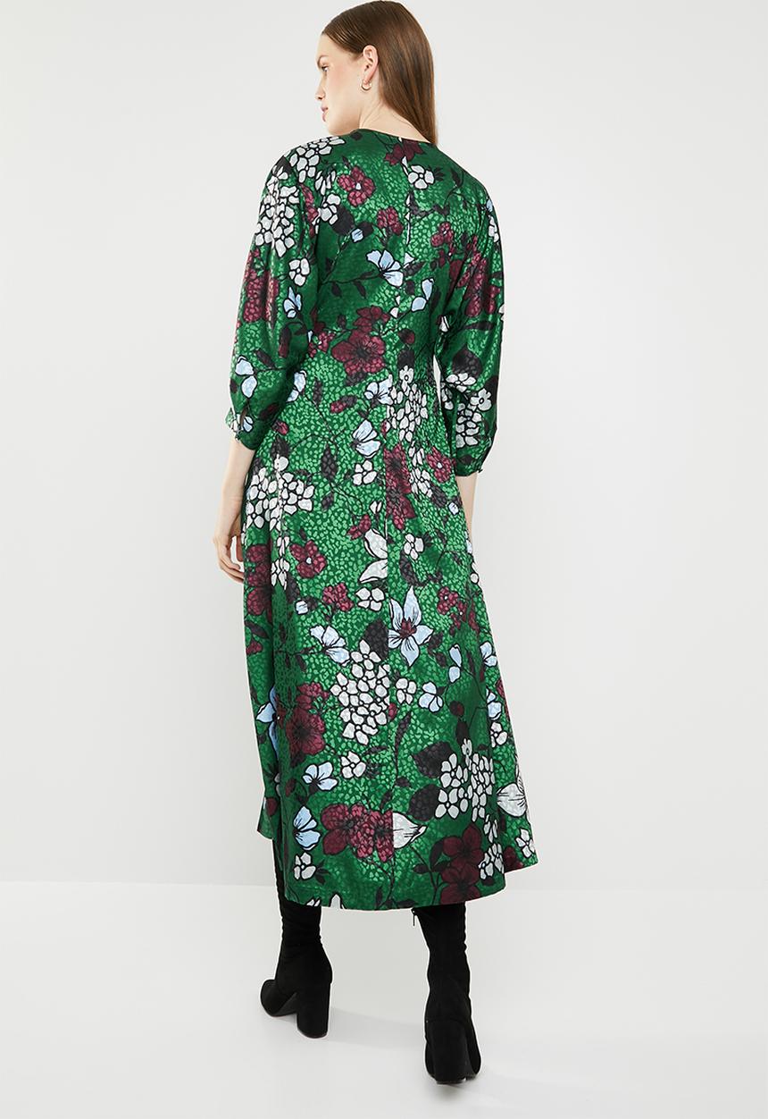 MANGO - Floral puff sleeve midi dress - green