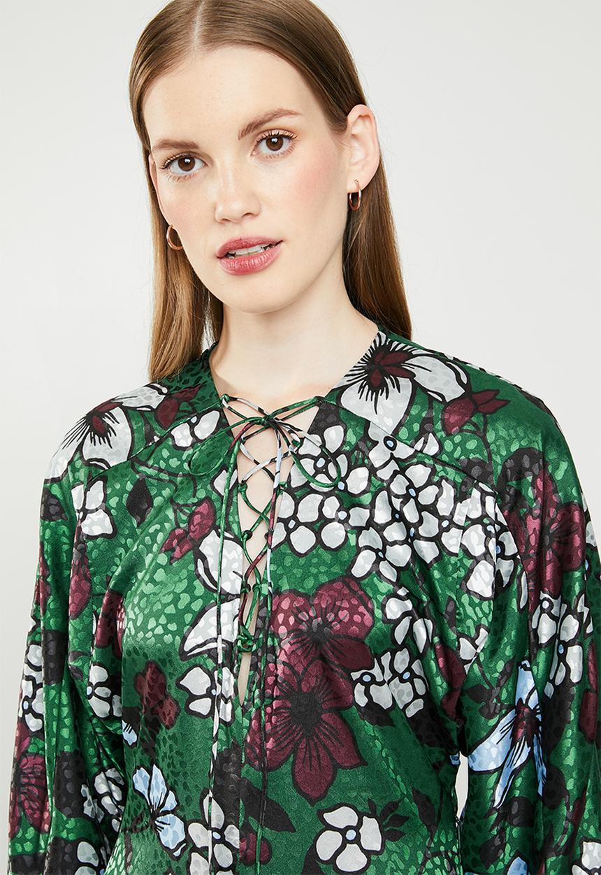 MANGO - Floral puff sleeve midi dress - green