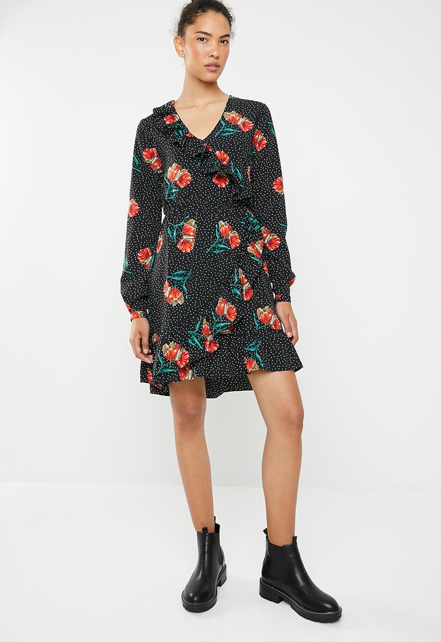 Brave Soul - Floral ruffle wrap dress - multi