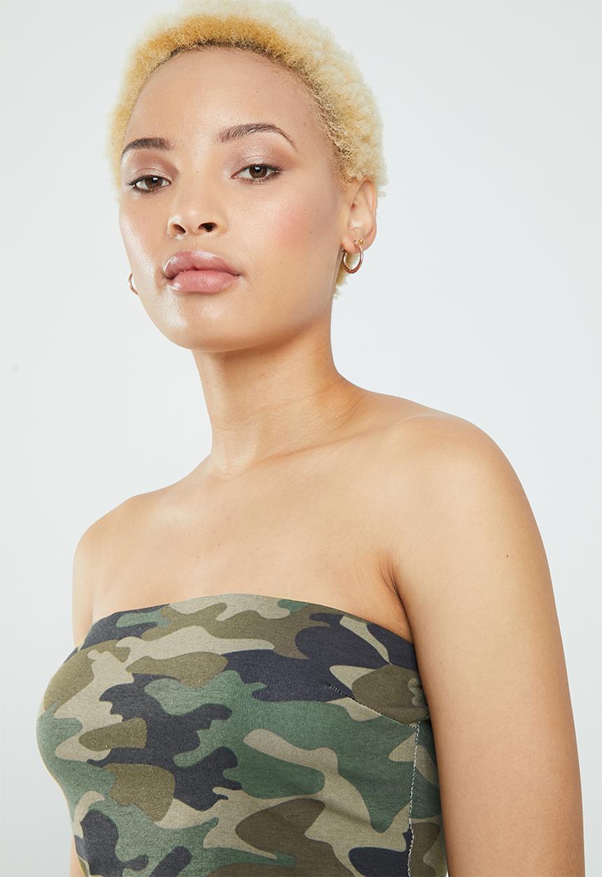 Supré  - Printed long boobtube built in bra - brown & khaki