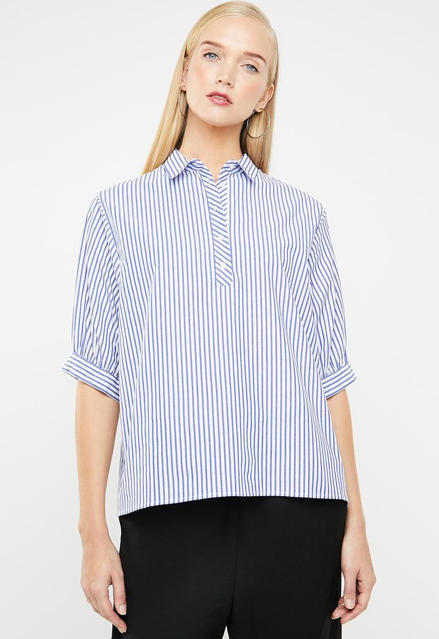 MANGO - Striped cotton shirt - blue & wite