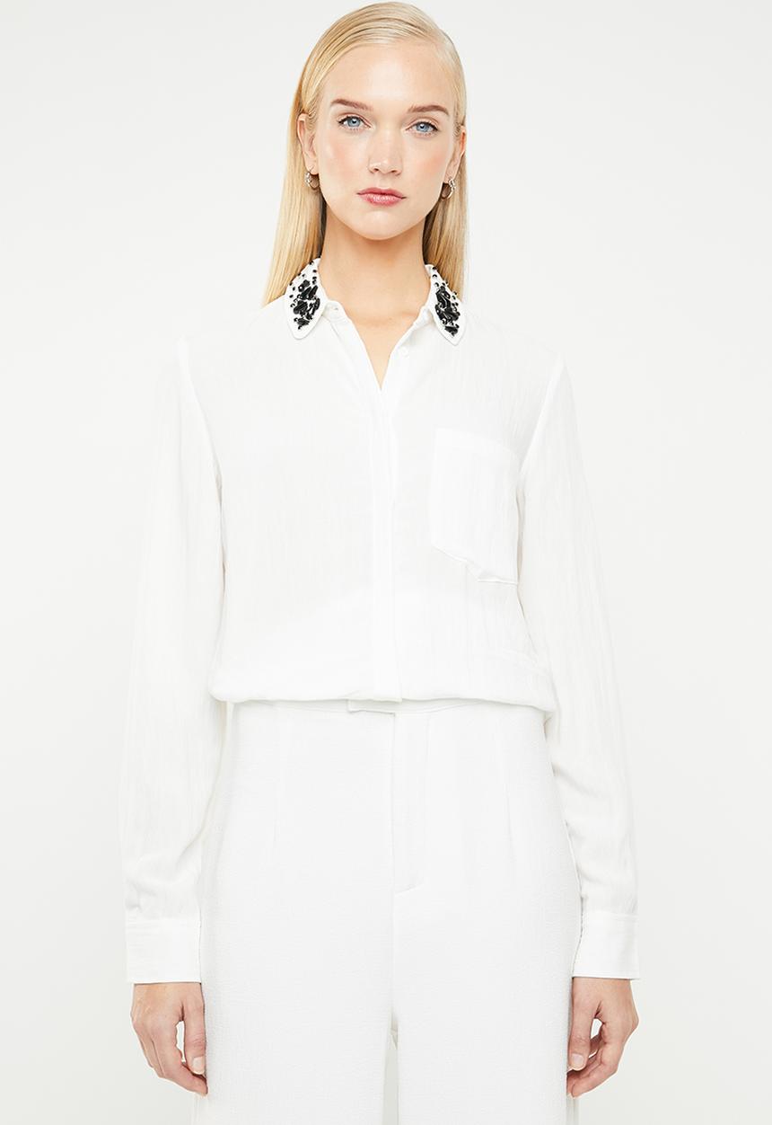 MANGO - Crystal embellished collar shirt - white