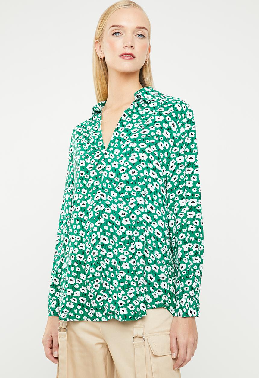 MANGO - Soft floral shirt - green & white