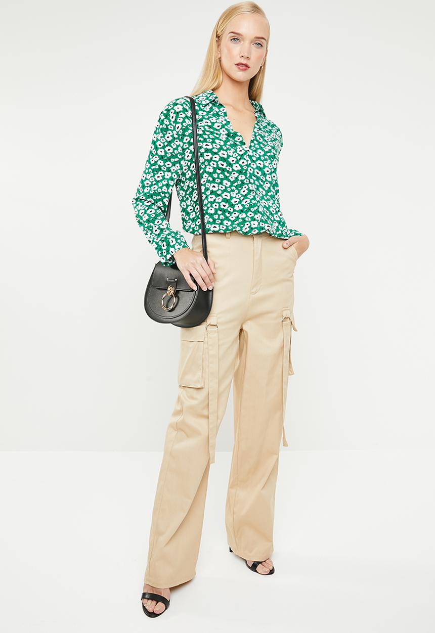MANGO - Soft floral shirt - green & white