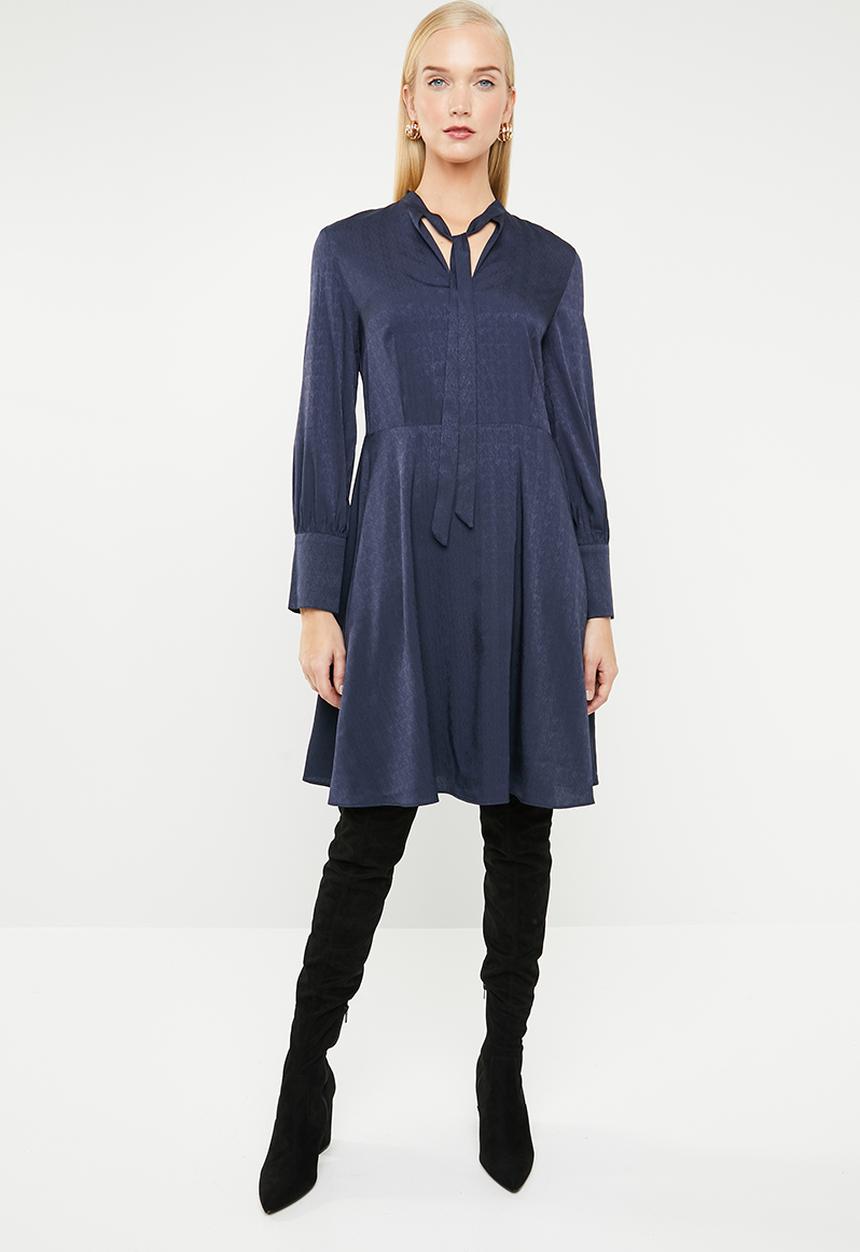 MANGO - Satin finish neck tie dress - navy