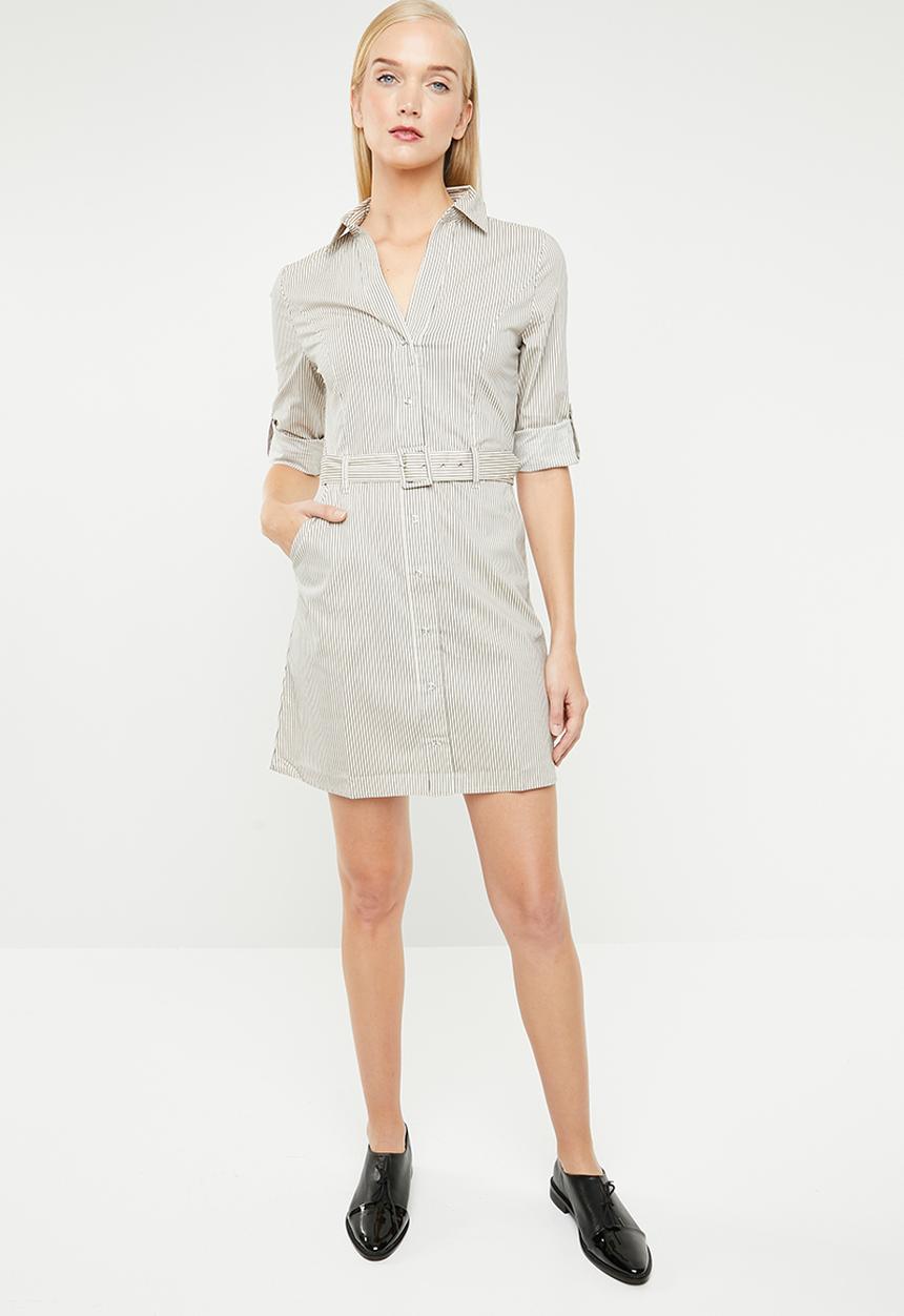 MANGO - Self stripe shirt dress - neutral & navy
