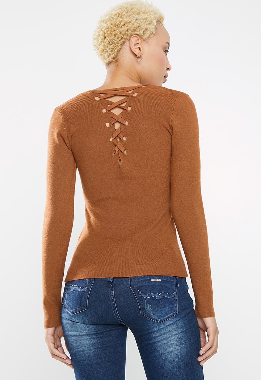 SISSY BOY - Logo knitwear with back lace up detail - rust