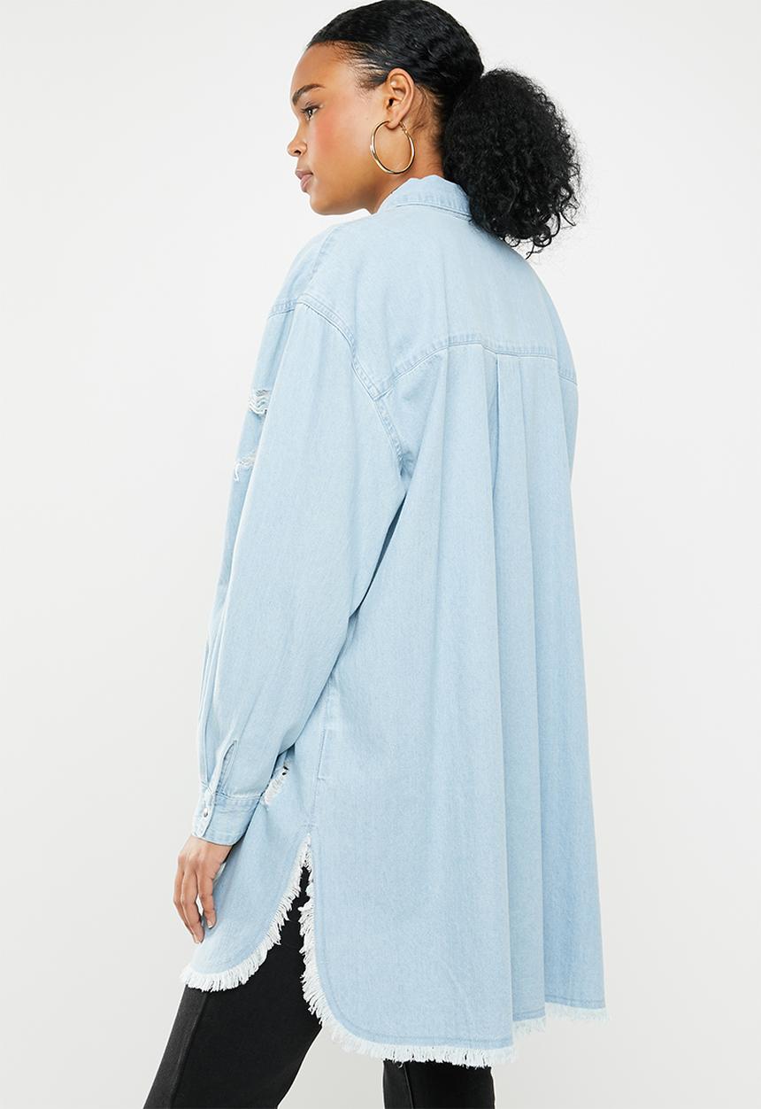Missguided - Oversized distressed denim shirt - blue
