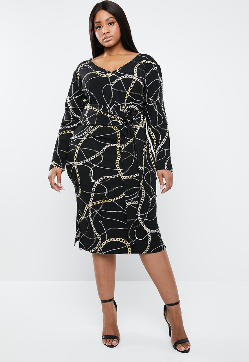 Superbalist - V-neck tie front midi dress - black & gold 