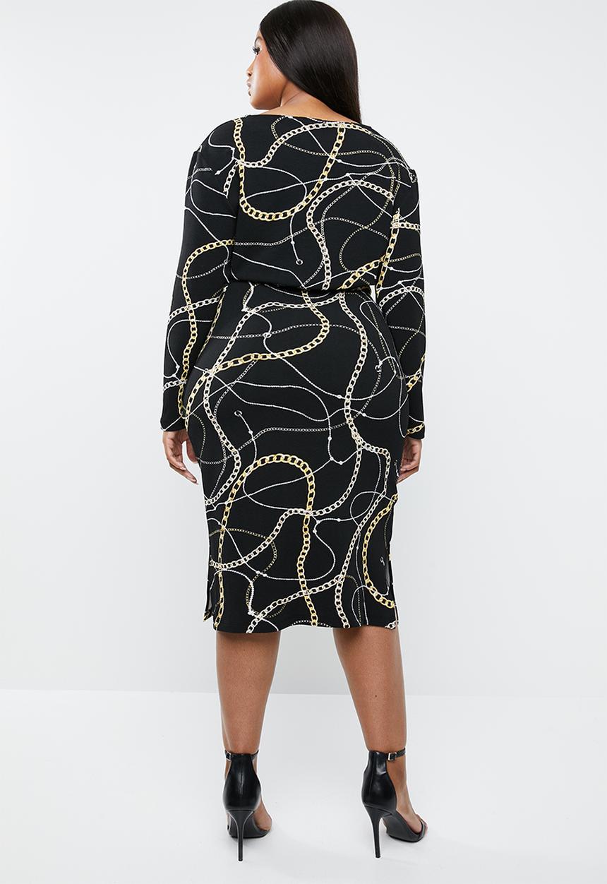 Superbalist - V-neck tie front midi dress - black & gold 