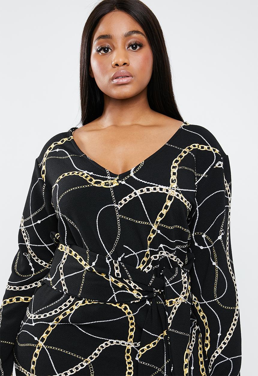 Superbalist - V-neck tie front midi dress - black & gold 
