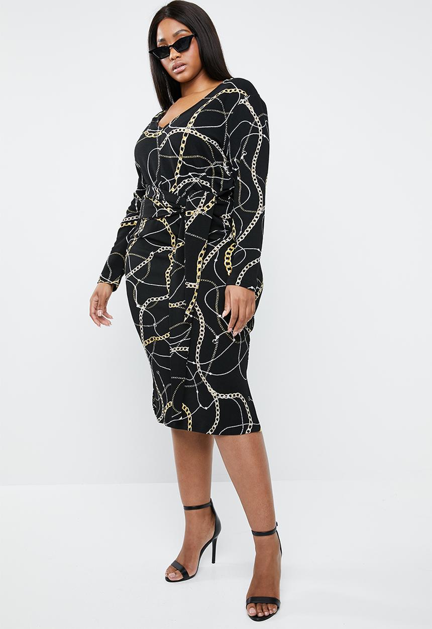 Superbalist - V-neck tie front midi dress - black & gold 