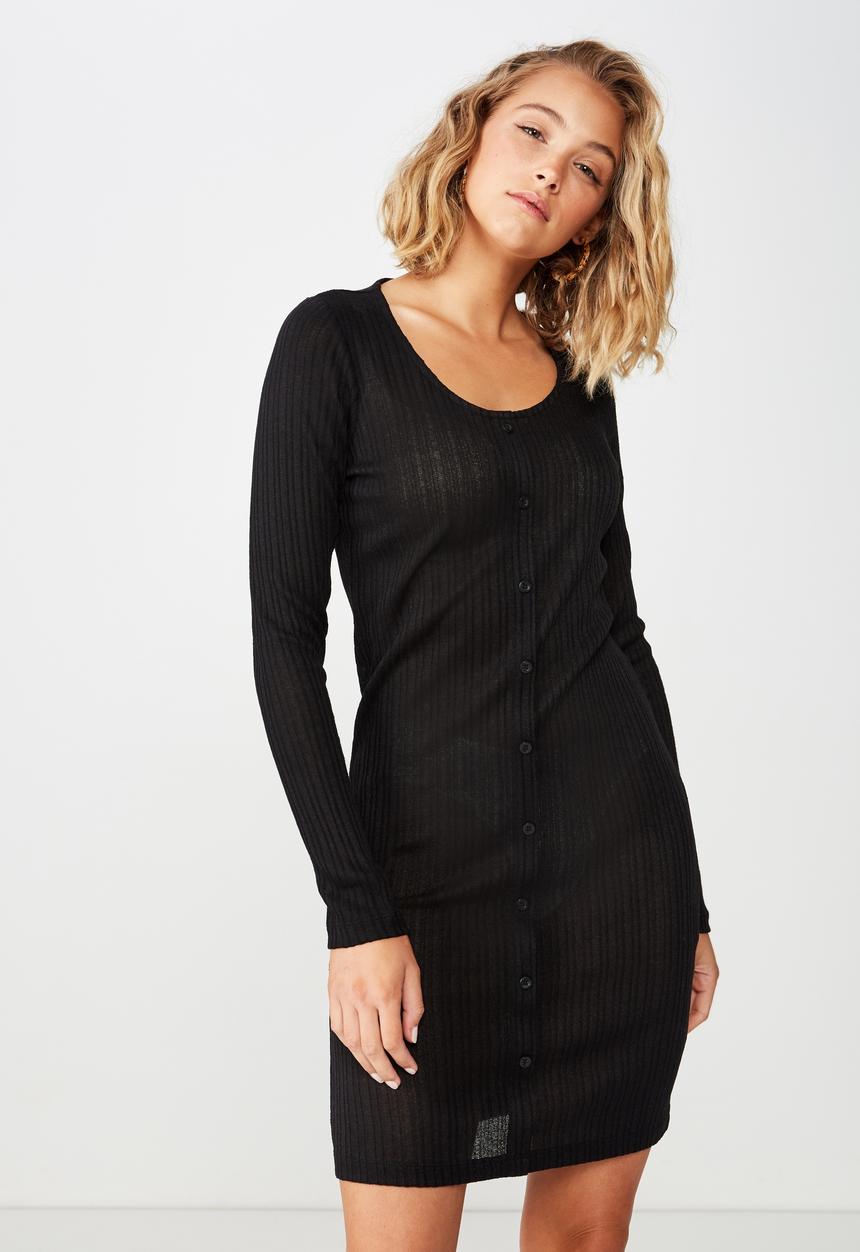 Cotton On - Henry long sleeve button through mini dress - black