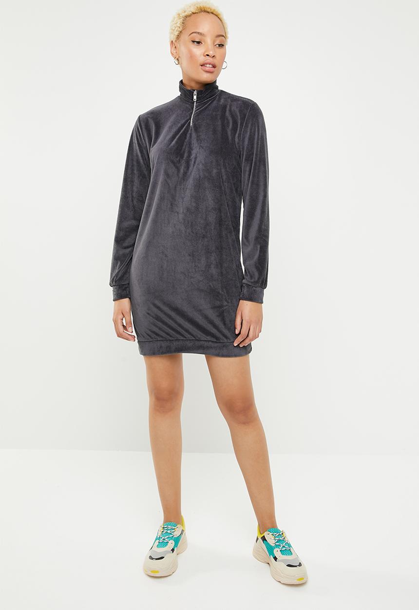 Missguided - High neck zip front velour sweater dress - grey