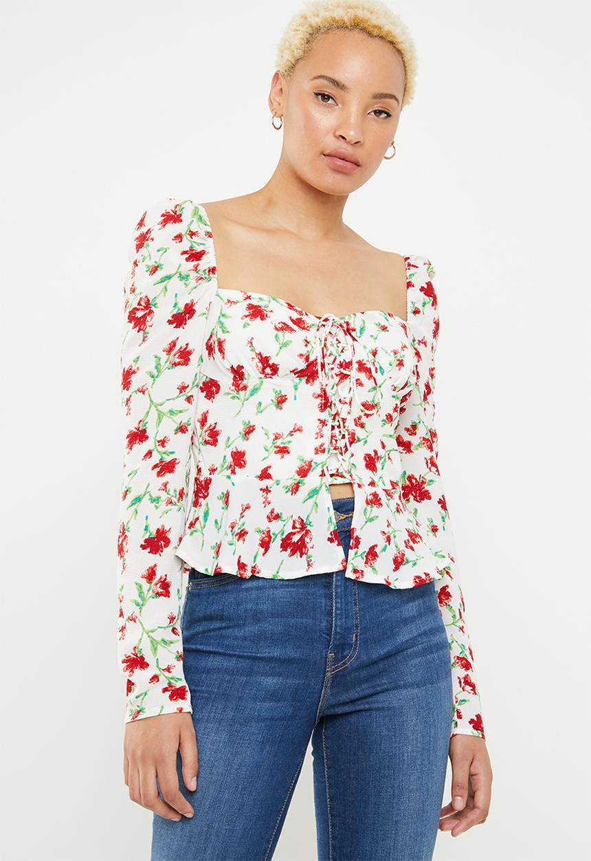 Missguided - Floral lace up front square neck peplum top - white & red