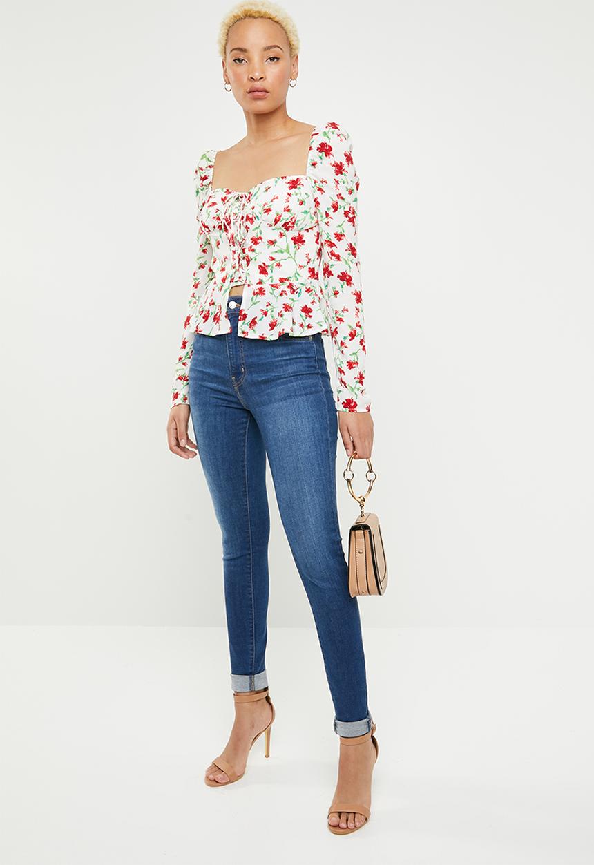 Missguided - Floral lace up front square neck peplum top - white & red