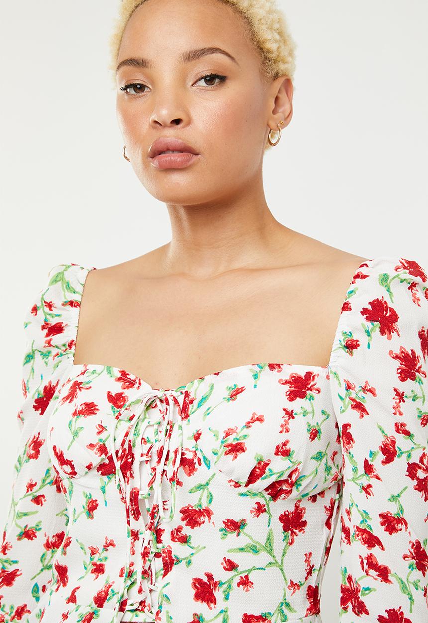 Missguided - Floral lace up front square neck peplum top - white & red