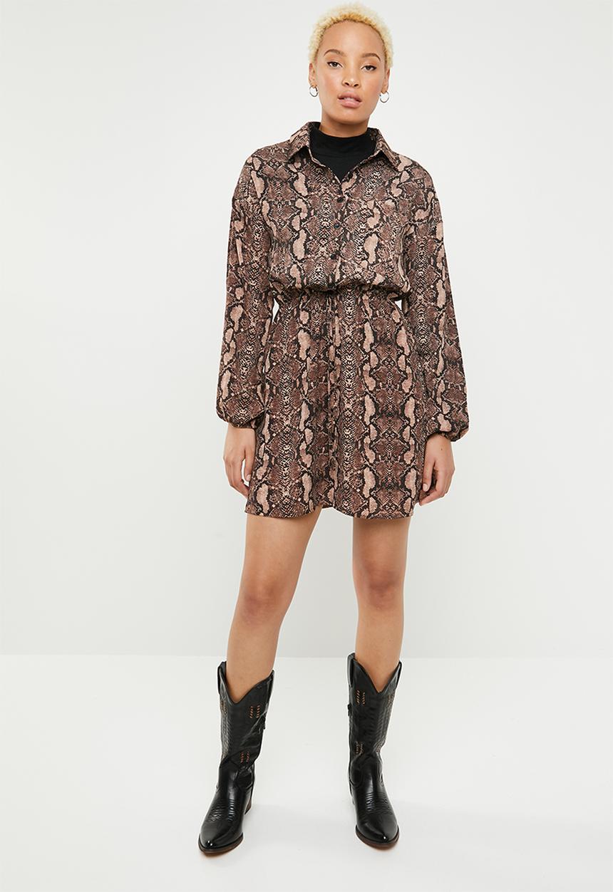 Missguided - Tie waist long sleeve shirt dress snake - brown