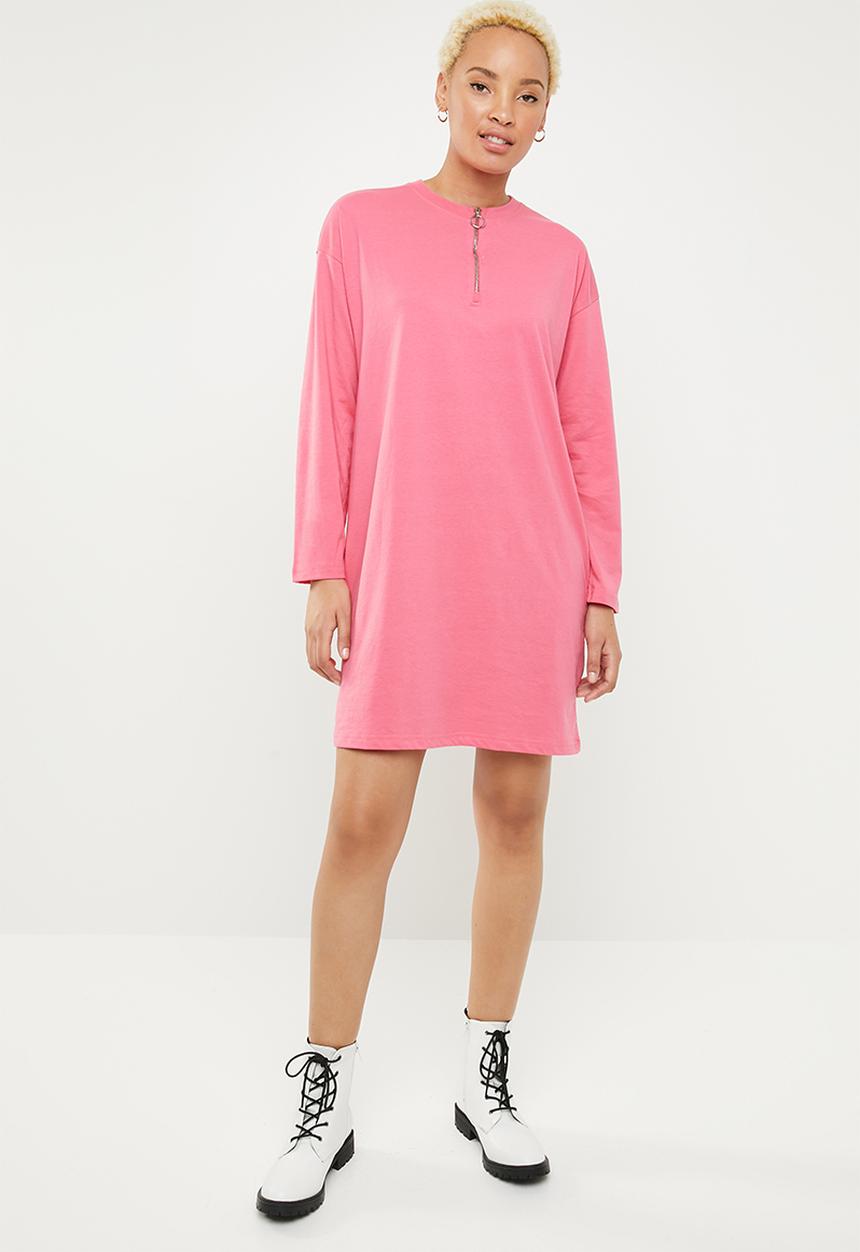 Missguided - Oversized long sleeve zip T-shirt dress - pink
