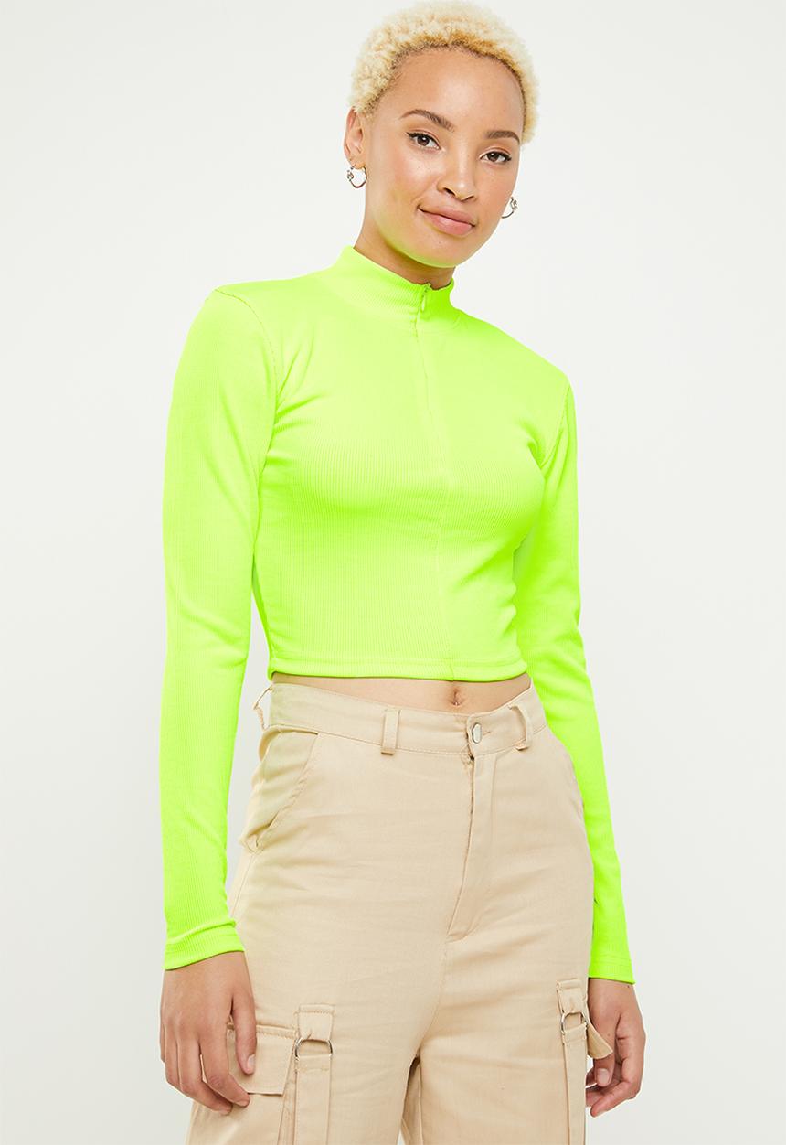 Missguided - Zip front ls ribbed crop top - green