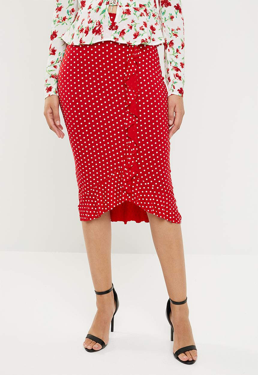 Missguided - Polka dot frill midi skirt - red