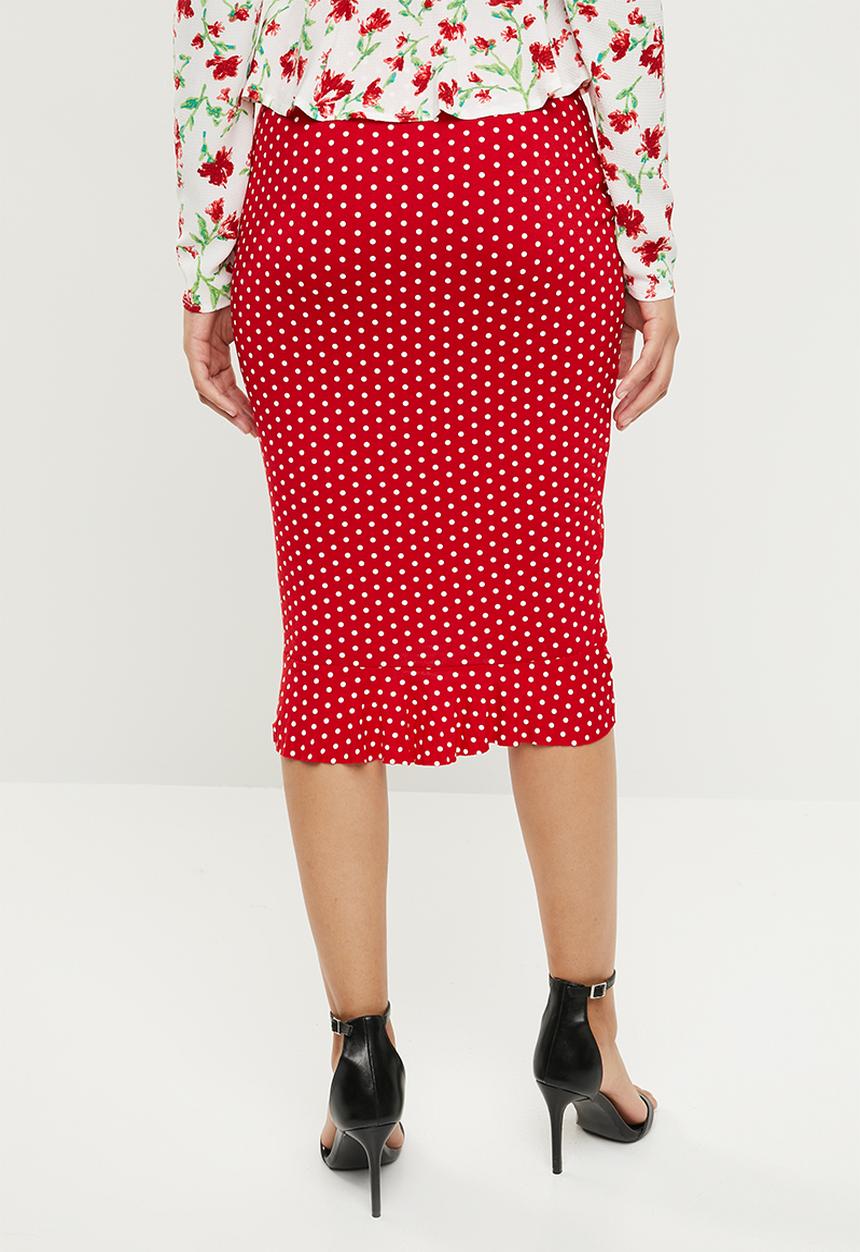 Missguided - Polka dot frill midi skirt - red