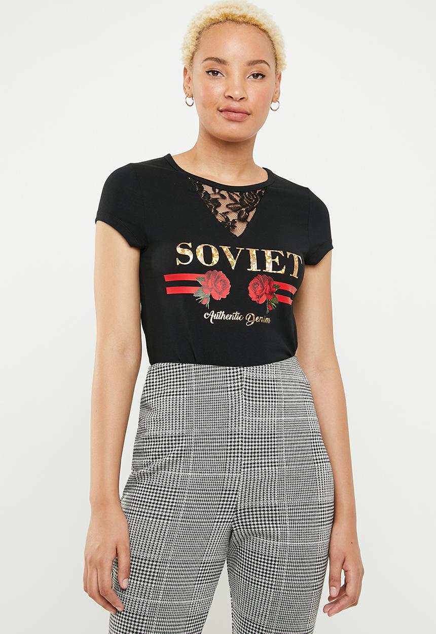 SOVIET - Ladies crew neck tee with mesh inset - black