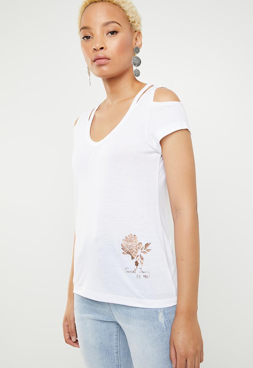SOVIET - Ladies cold shoulder tee - white