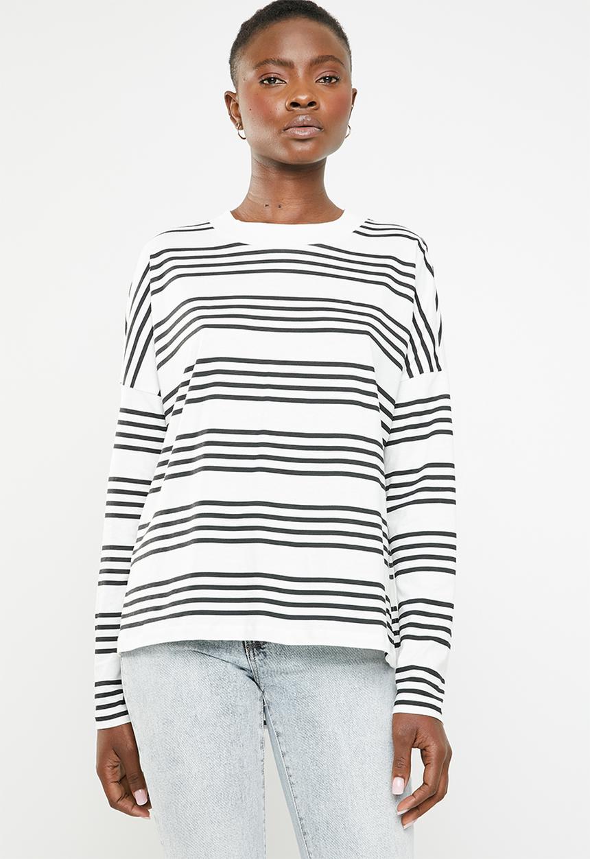 Noisy May - Helen long sleeve shilo hem top - black & white