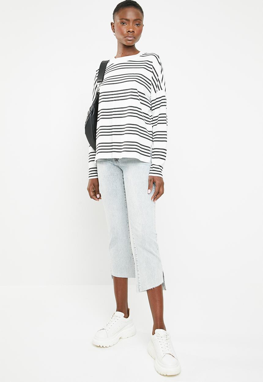 Noisy May - Helen long sleeve shilo hem top - black & white