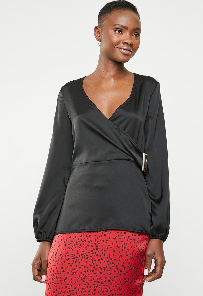 Missguided - Long sleeve wrap side satin blouse - black