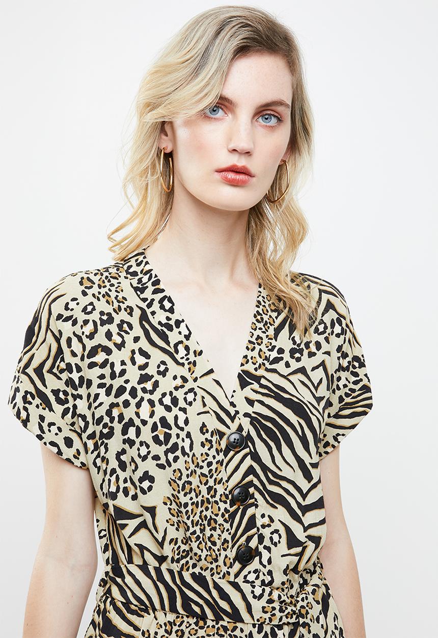 New Look - Animal short sleeve jumpsuit - beige & black 