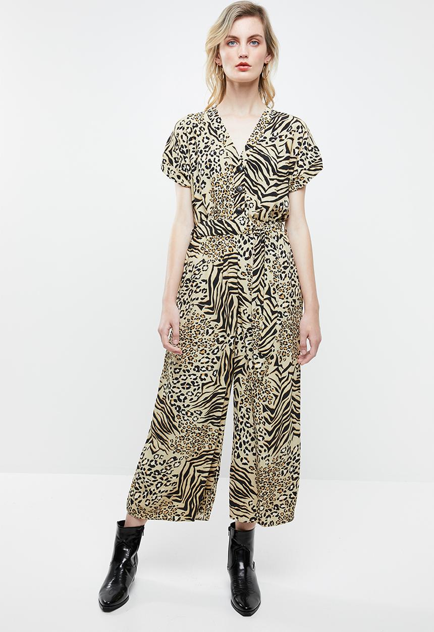 New Look - Animal short sleeve jumpsuit - beige & black 