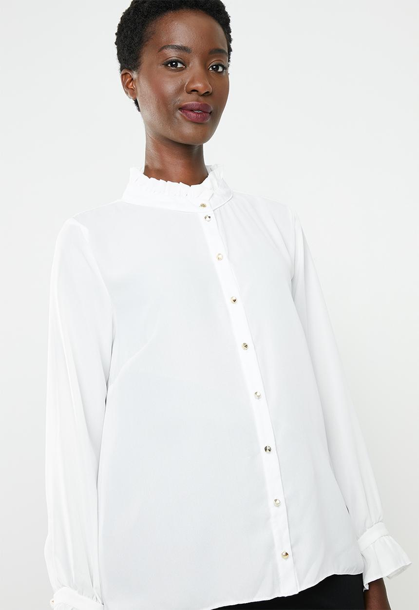 edit - Blouse with frill neckline - white 
