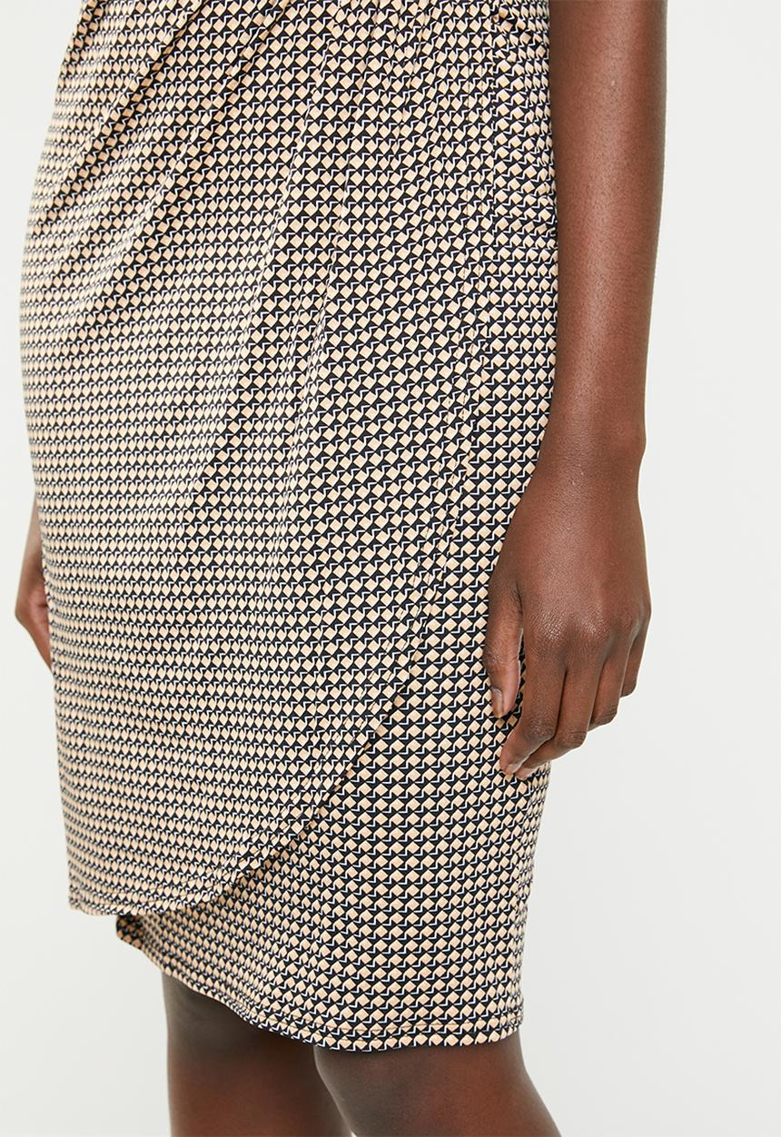 edit - Wrap front drape dress - tan & black 