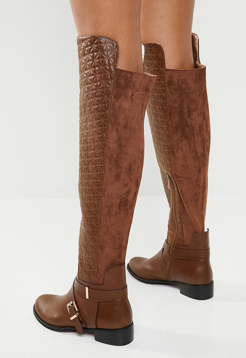Plum - Quilted over the knee boot - brown