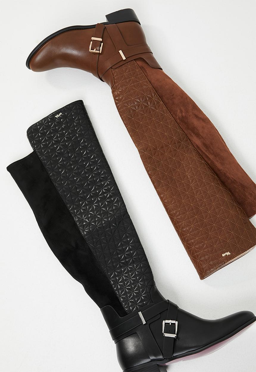 Plum - Quilted over the knee boot - black