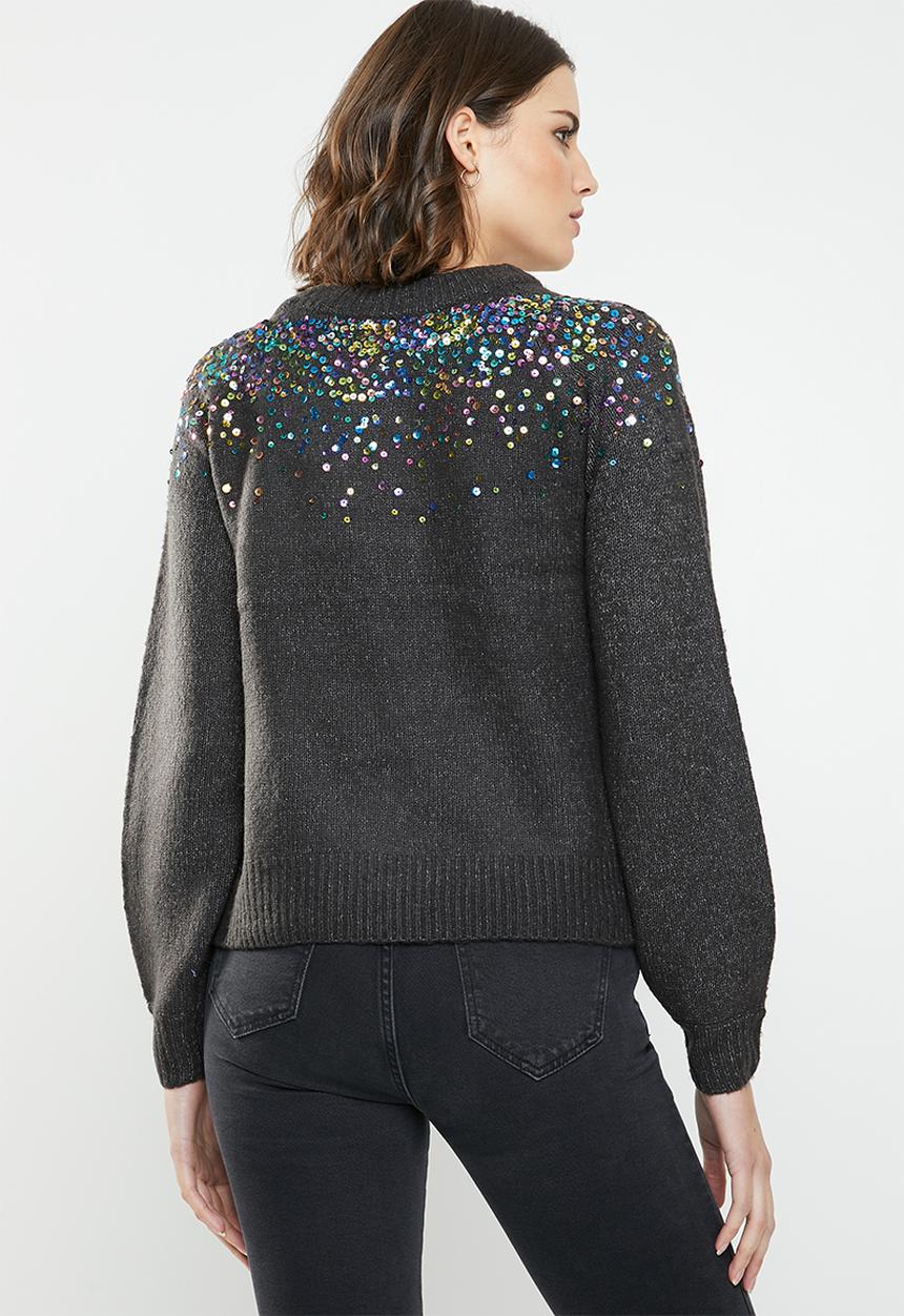 Jacqueline de Yong - Sparkle long sleeve cropped pullover - charcoal