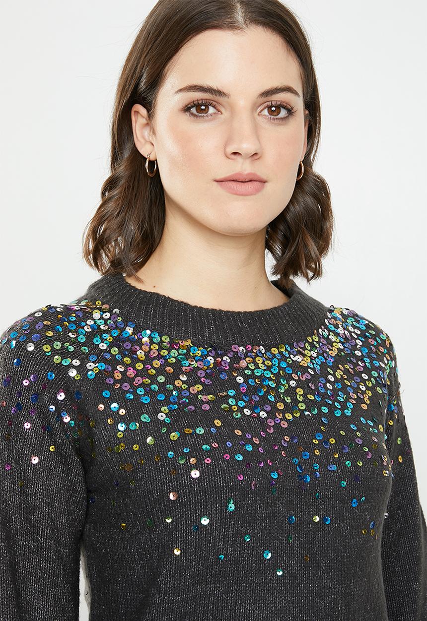 Jacqueline de Yong - Sparkle long sleeve cropped pullover - charcoal