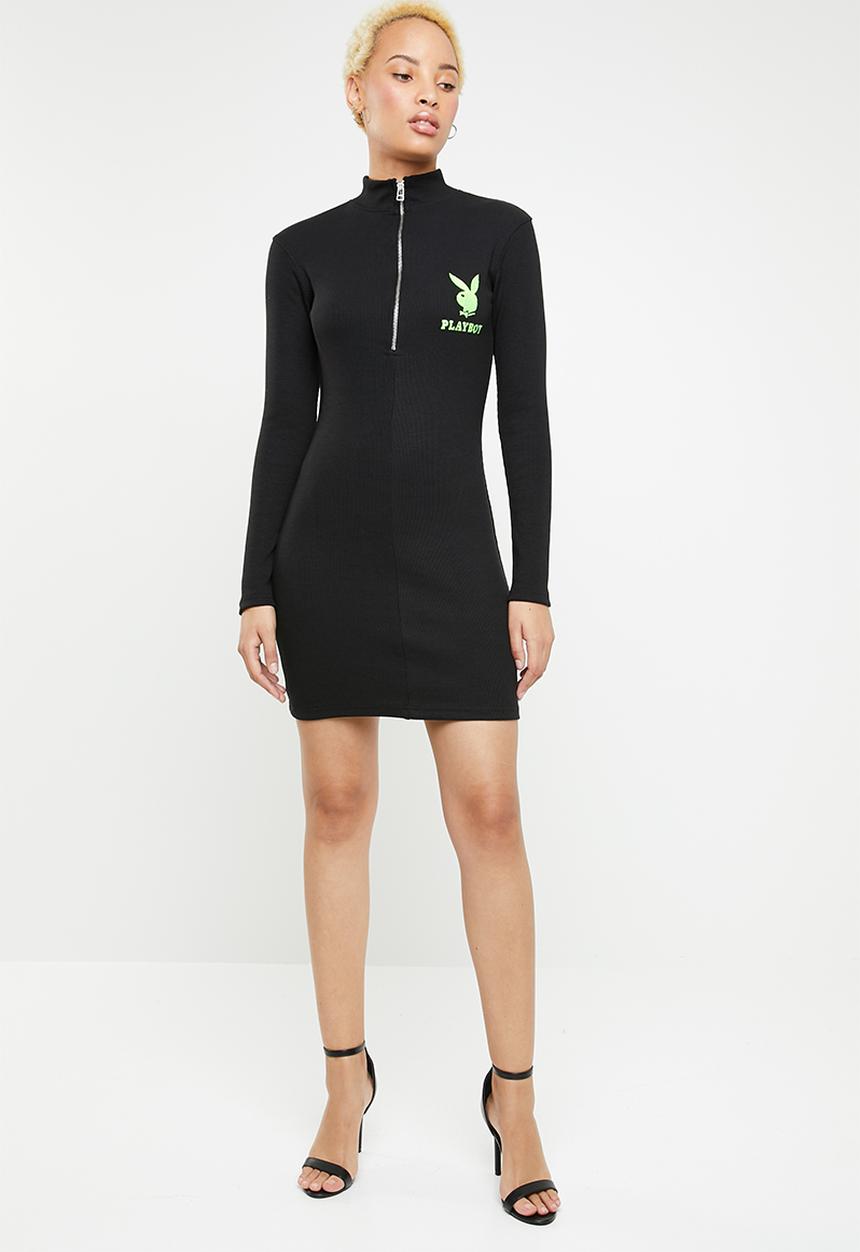 Missguided - Playboy zip front ribbed mini dress - black