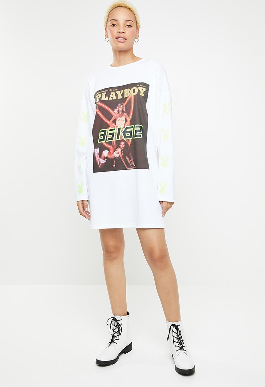 Missguided - Playboy magazine print long sleeve shirt dress - white