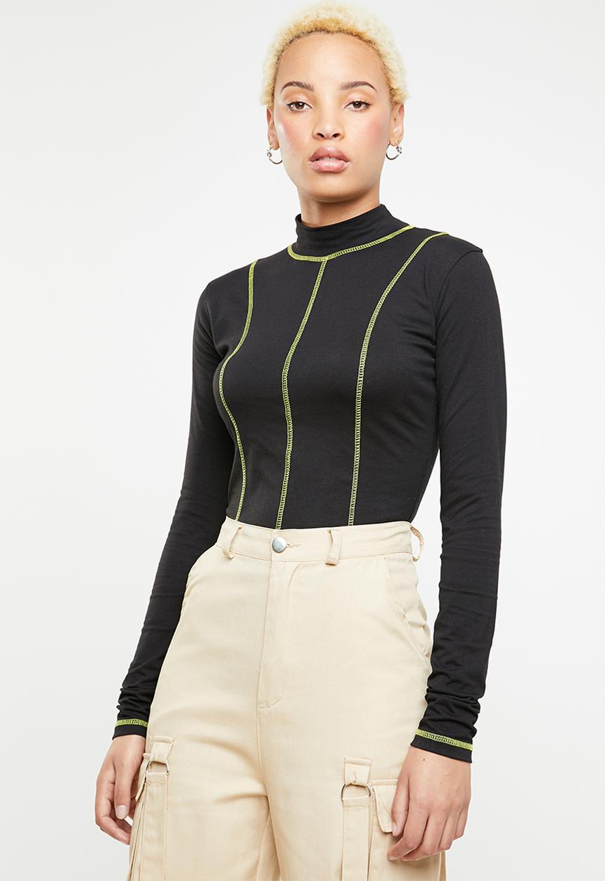 Missguided - Contrast stitch neon bodysuit - black