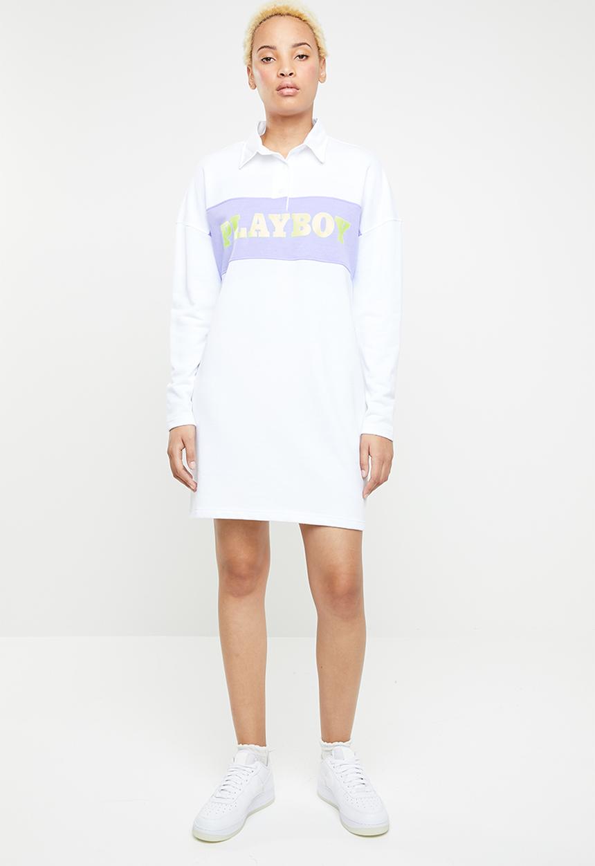 Missguided - Playboy neon slogan rugby dress - white