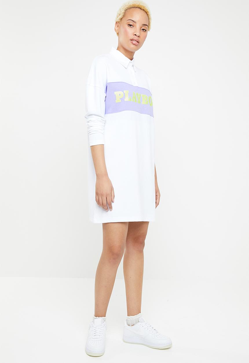 Missguided - Playboy neon slogan rugby dress - white