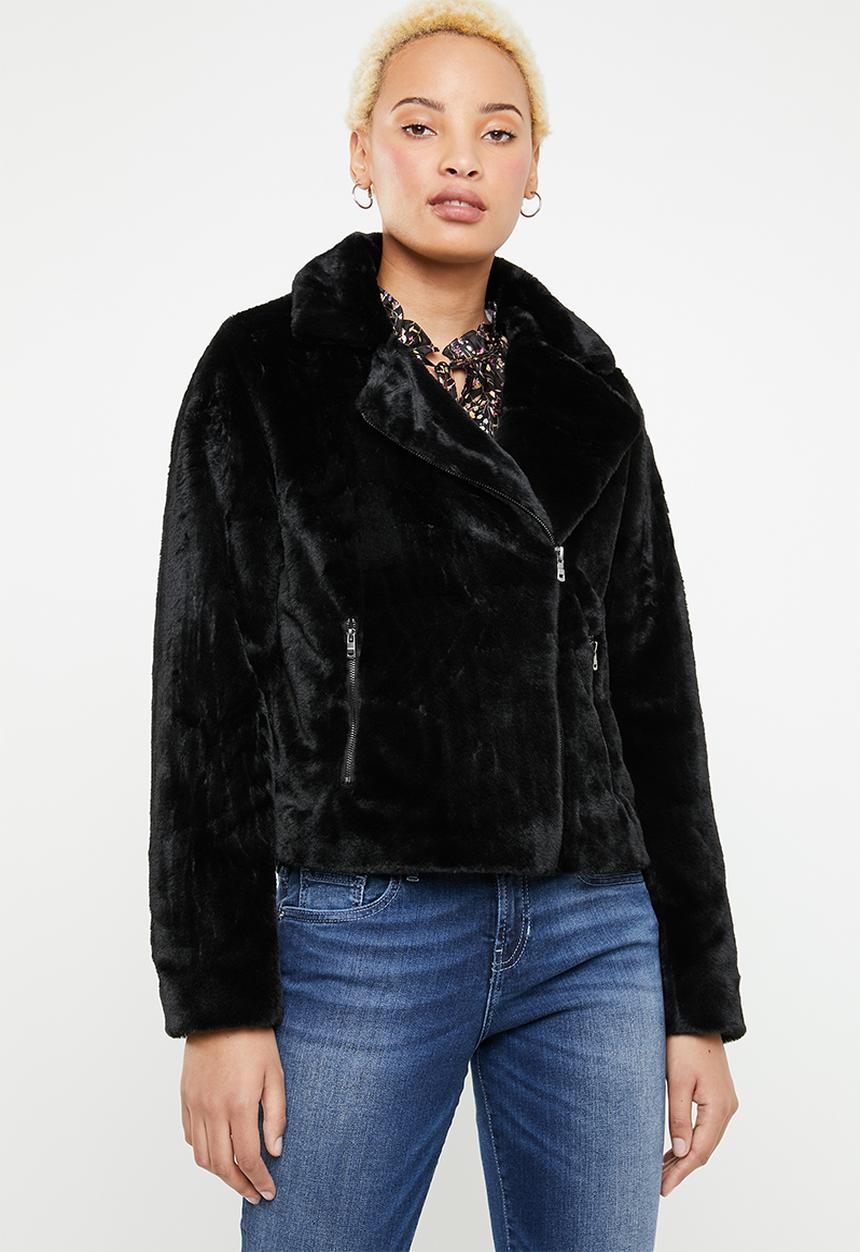 ONLY - Britt faux fur biker jacket - black