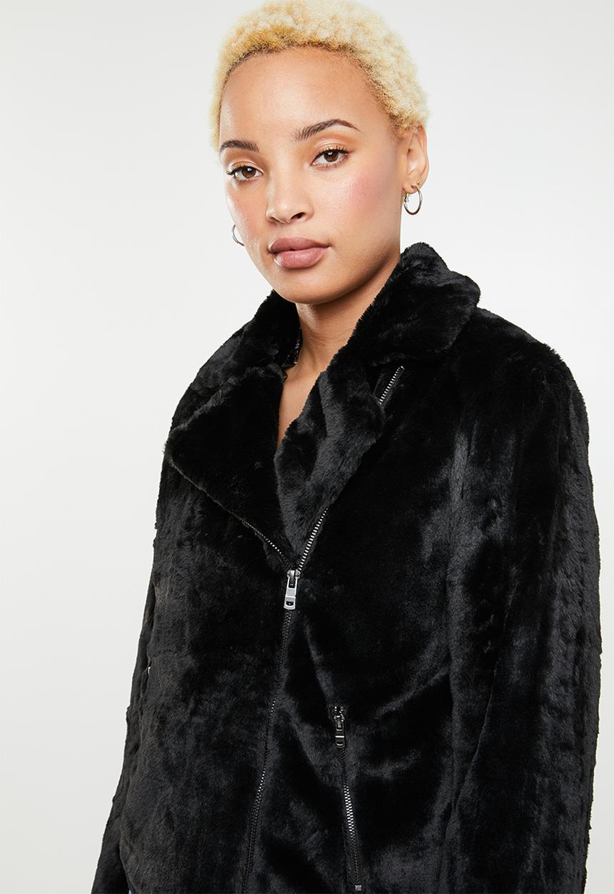 ONLY - Britt faux fur biker jacket - black